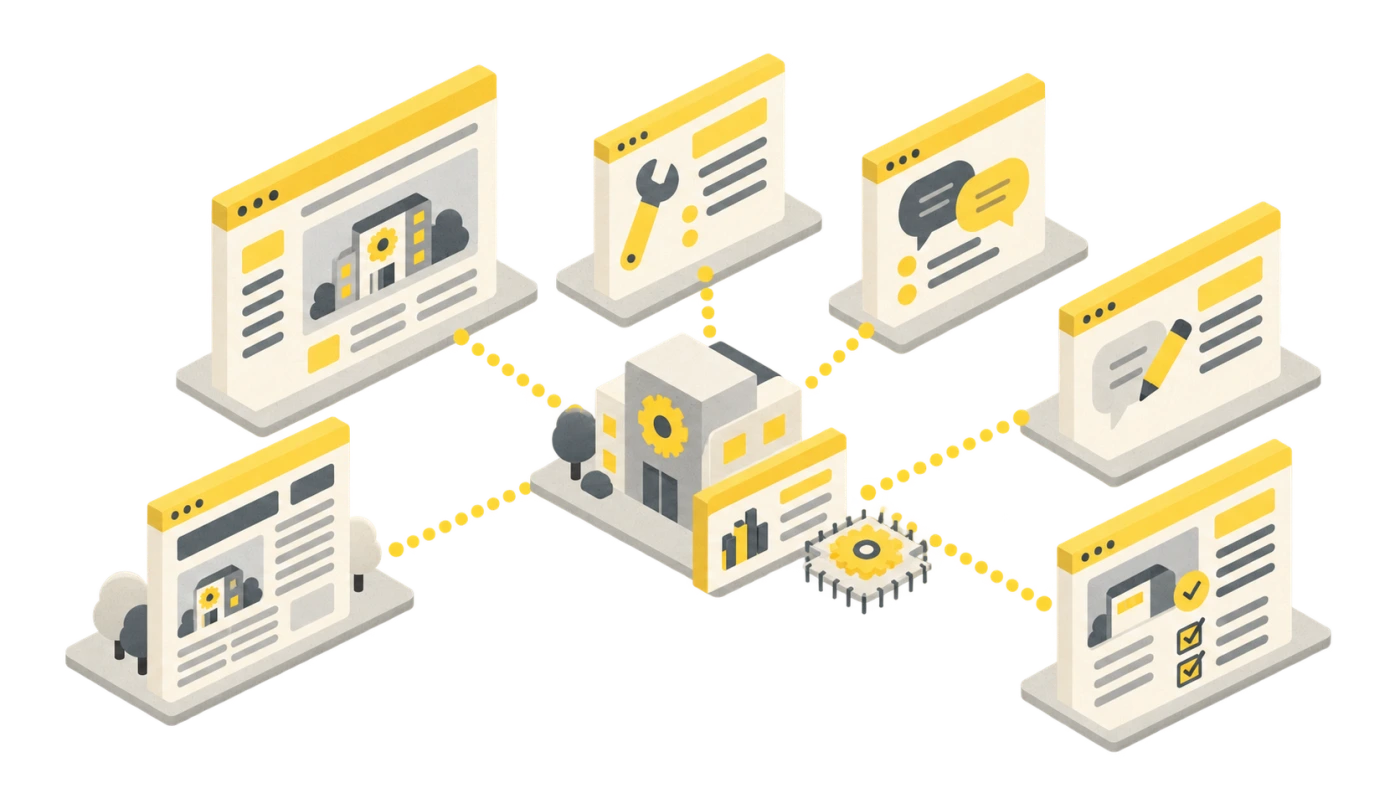 ノウハウやFAQ、代表の発信、事例、外部の紹介が会社の専門性を伝える様子のイラスト