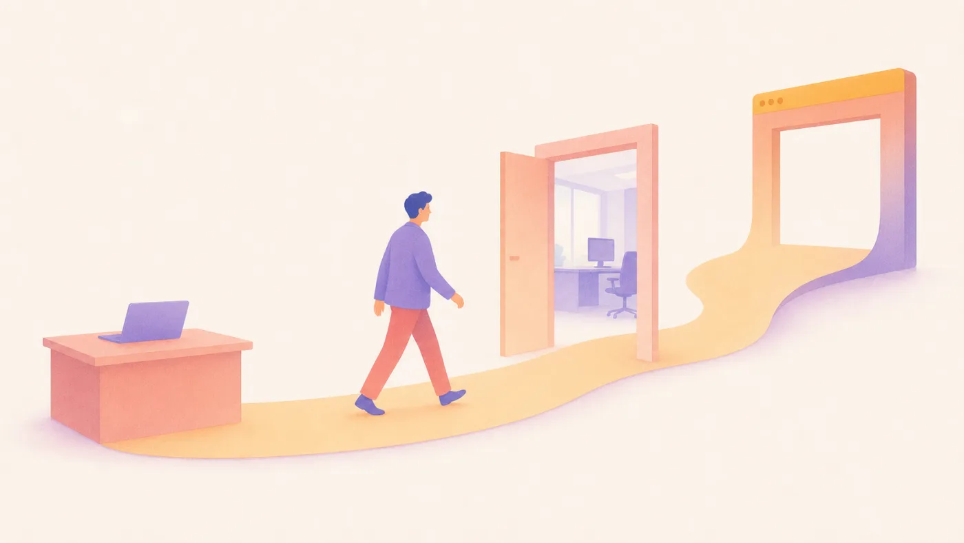 オフィスのデスクを離れ、開いたドアの先の現場へ歩いていく人物のイラスト