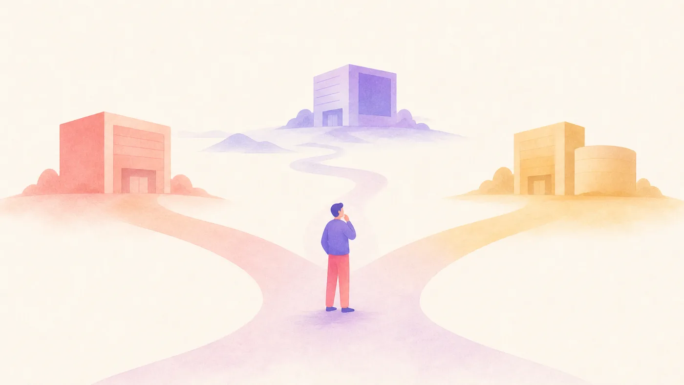 分かれ道の前に立ち、どの会社へ向かうか考えている求職者のイラスト