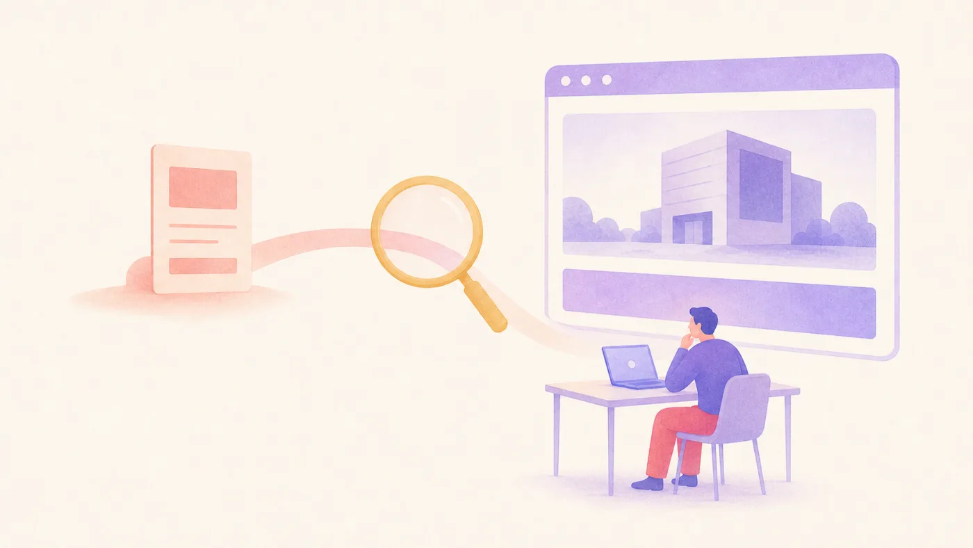 ブラウザ画面の奥にある会社の入り口へと道が続いているイラスト