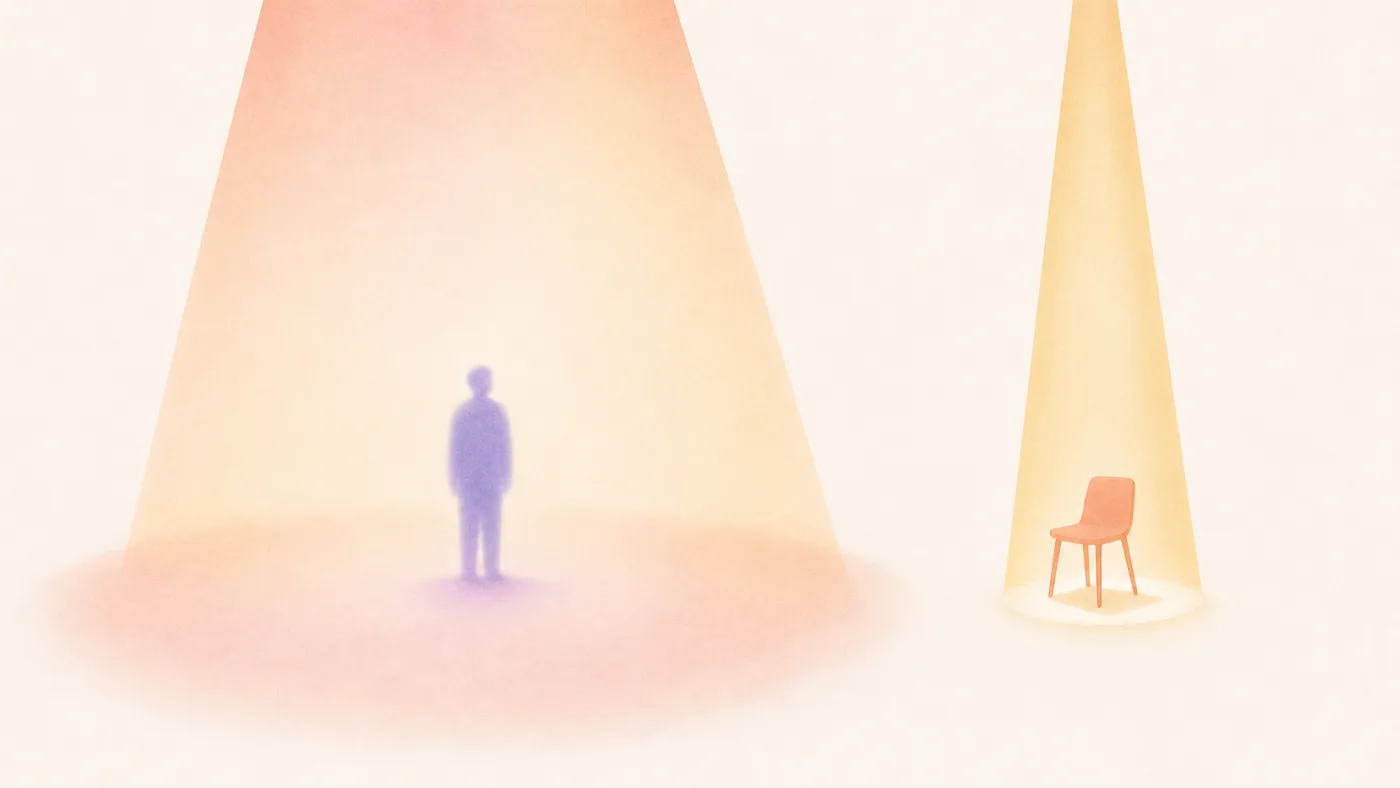 輪郭のぼやけた人物像を前に、誰にも当てはまり誰にも刺さらない様子のイラスト
