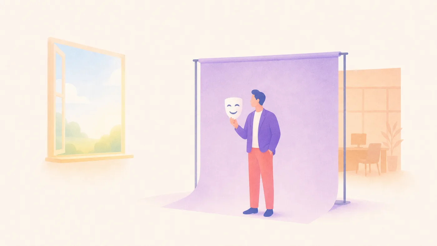 舞台の上で用意された台本を読む社員と、それを冷静に見る求職者のイラスト