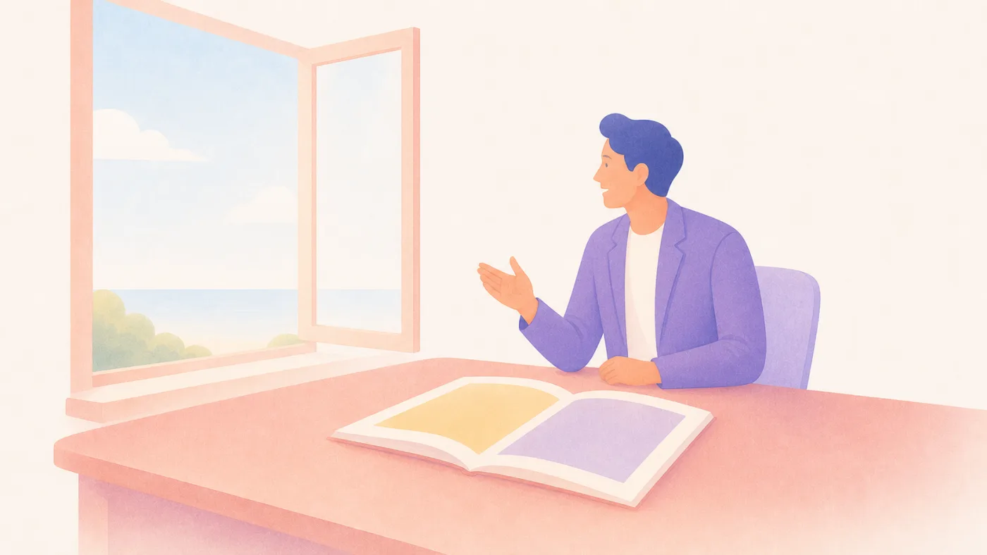 脚色のない言葉で語る社員と、それに耳を傾ける求職者のイラスト